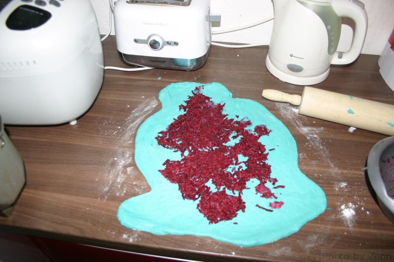 Contrasting beetroot on homemade Andorian blue dough
